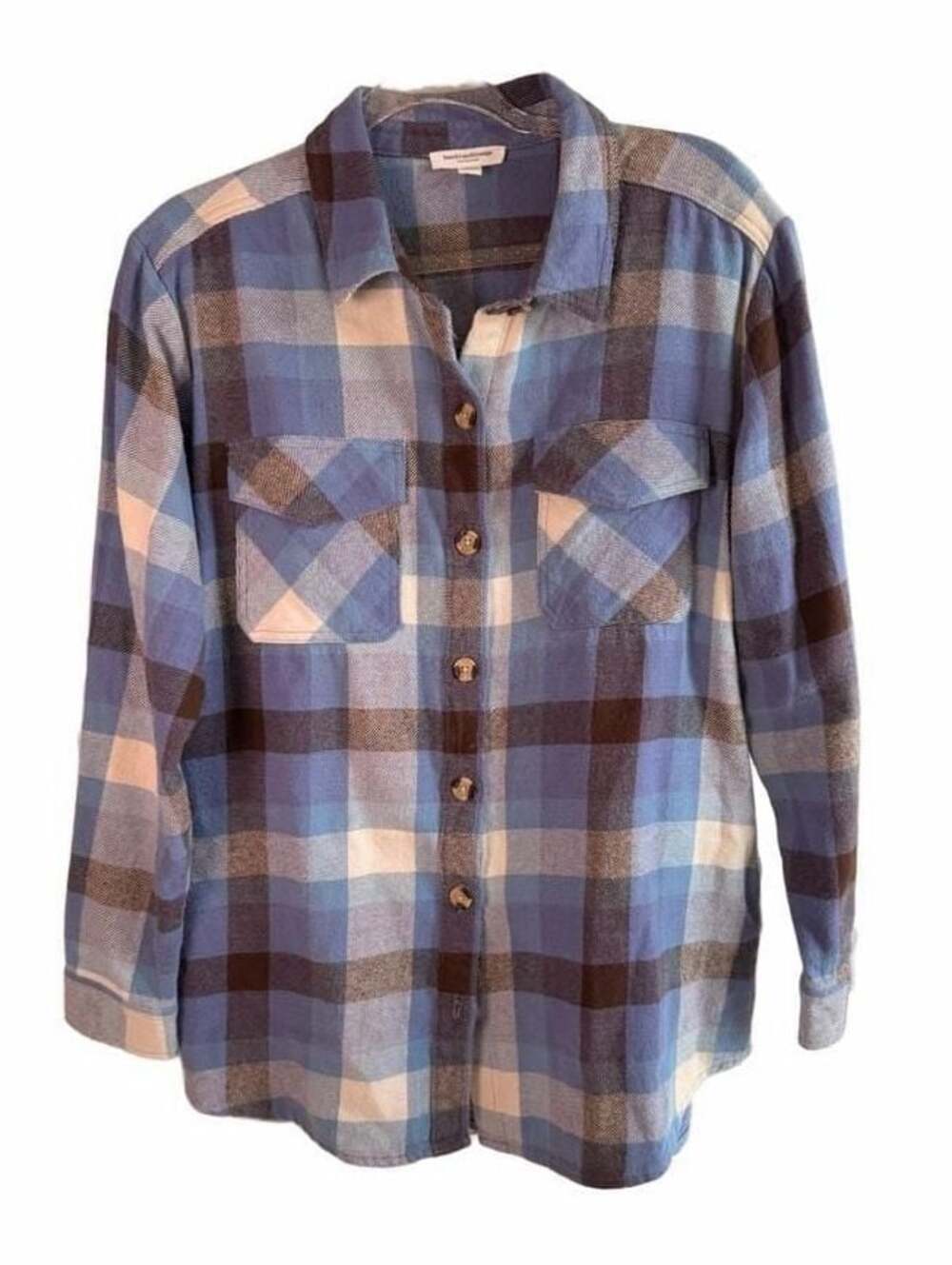 Beach Lunch Lounge Blue Plaid Flannel Button Down Shacket Shirt Jacket Medium LC